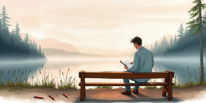 ilustracja postaci siedzącej na ławce nad jeziorem