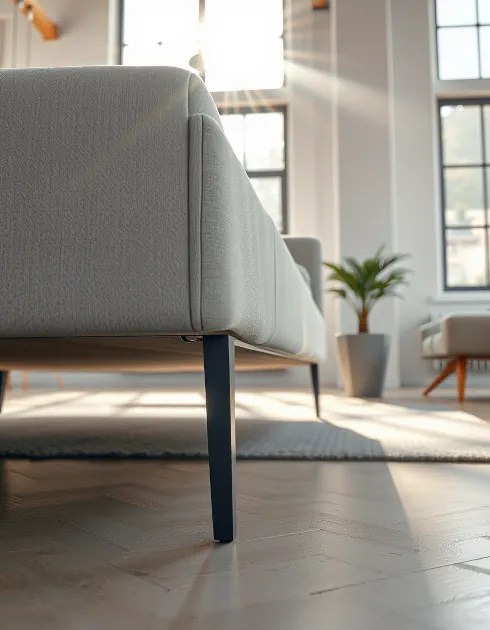 Wizualizacja stalowej czarnej nóżki kanapy. Pokój umeblowany enerowano przy pomocy sztucznej inteligencji